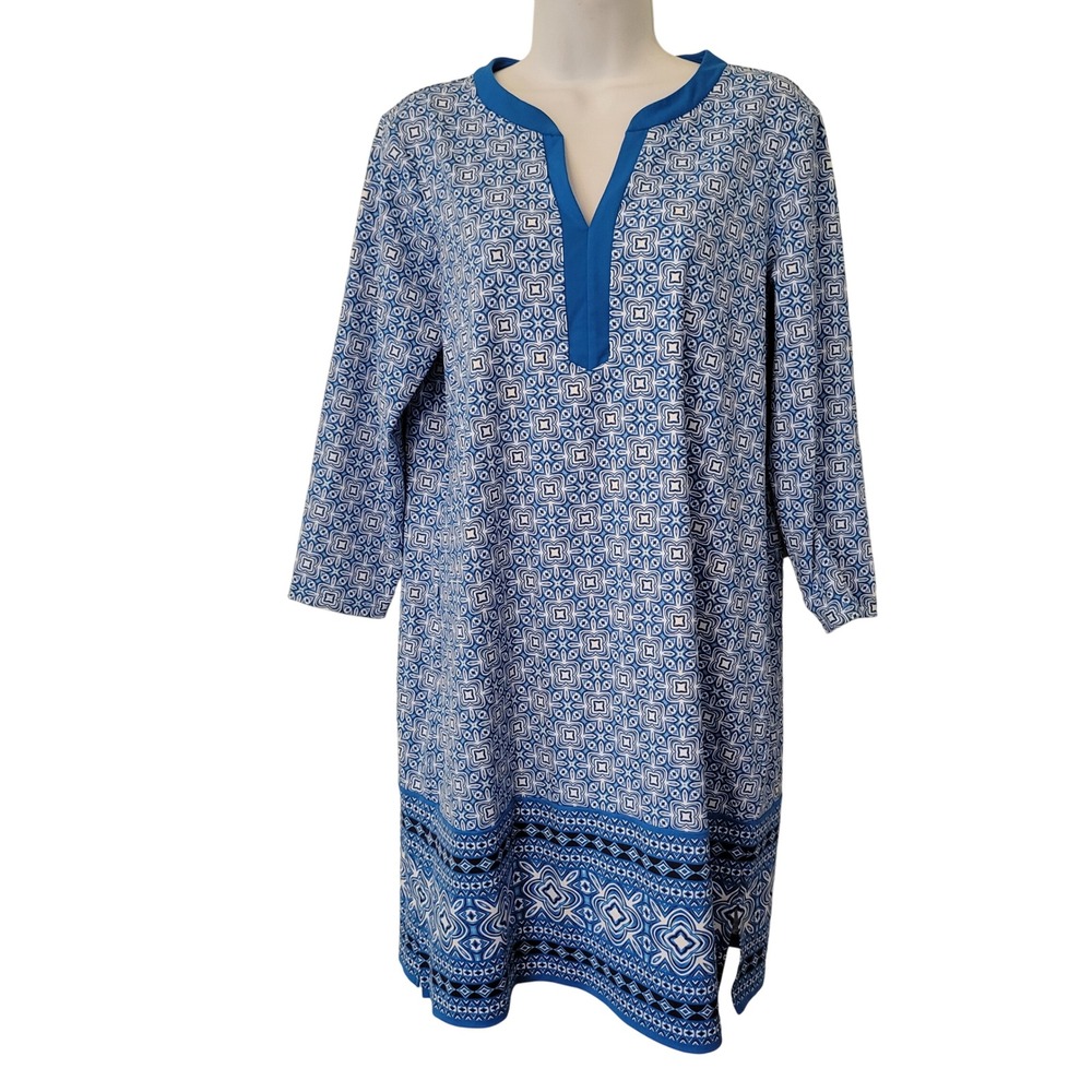 Lands End Blue White Geometric 3/4‎ Sleeve Casual Shift Dress M Stretch Comfort